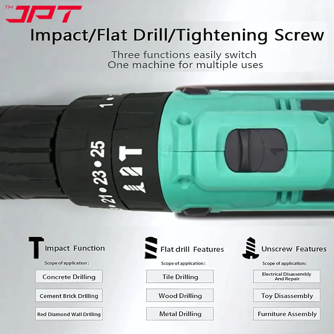 JPT 21v Portable Impact Cordless Drill Machine | 28N.M Torque | 1350RPM Speed | 2 Seed Mode | 3 Function Modes | 2000mAh Battery | 6-Months Warranty - Image 6