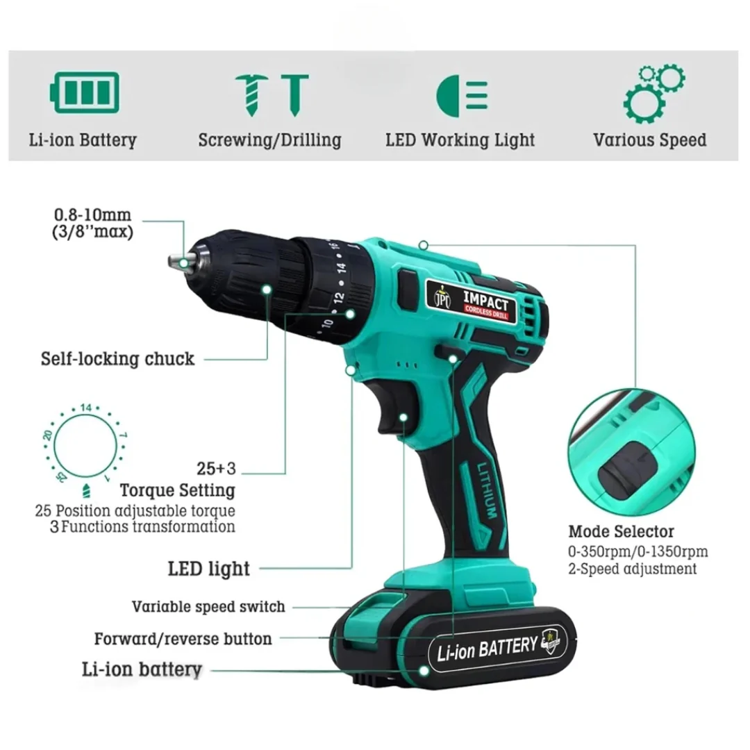 JPT 21v Portable Impact Cordless Drill Machine | 28N.M Torque | 1350RPM Speed | 2 Seed Mode | 3 Function Modes | 2000mAh Battery | 6-Months Warranty - Image 7