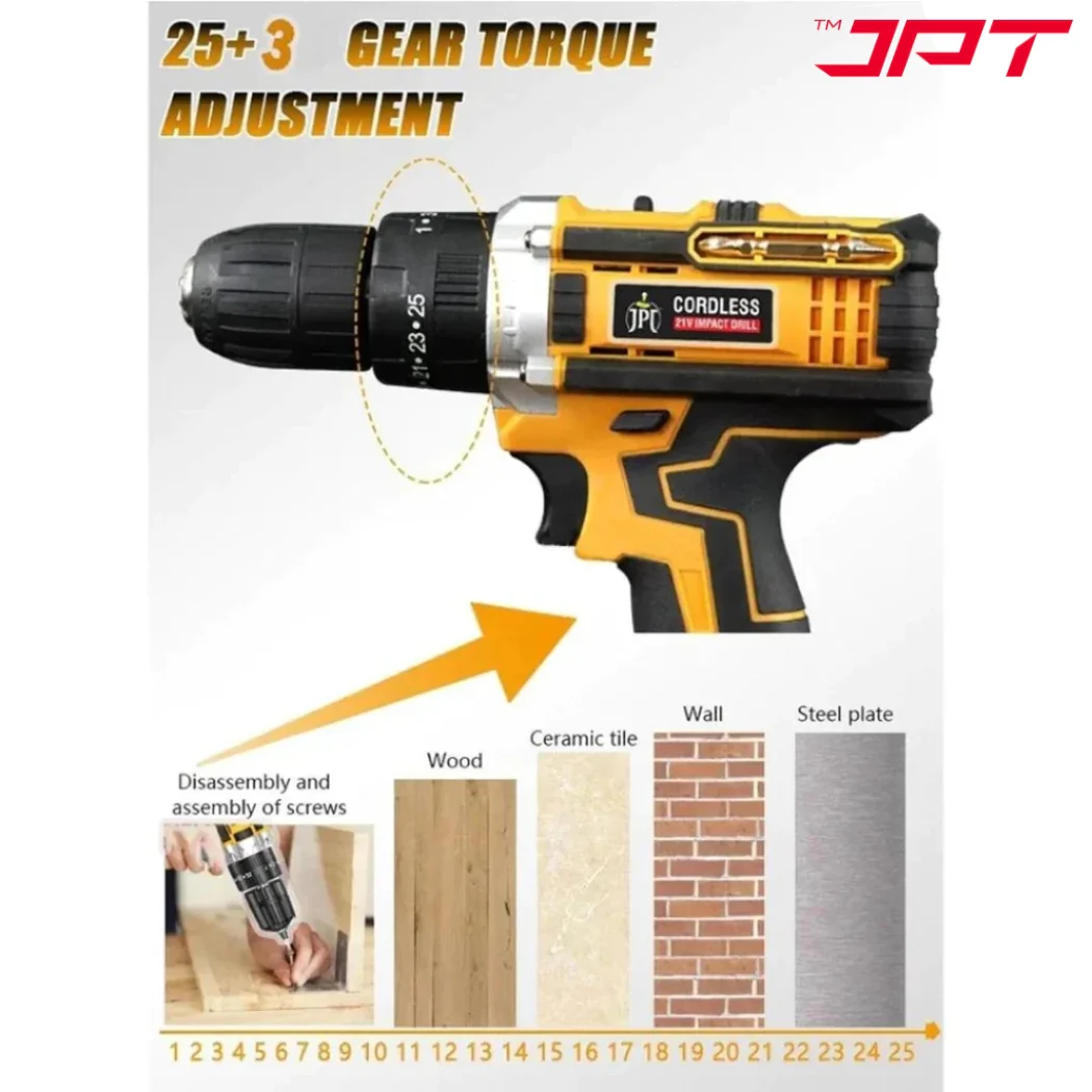 JPT Heavy Duty 21-volt Portable Cordless Drill Machine | 25N.M Torque | 0-3500RPM Speed | 2 Speed Modes | 25+3 Gear Setting | 3/8-Inch Chuck | 1500mAh Battery | 6-Months Warranty - Image 6