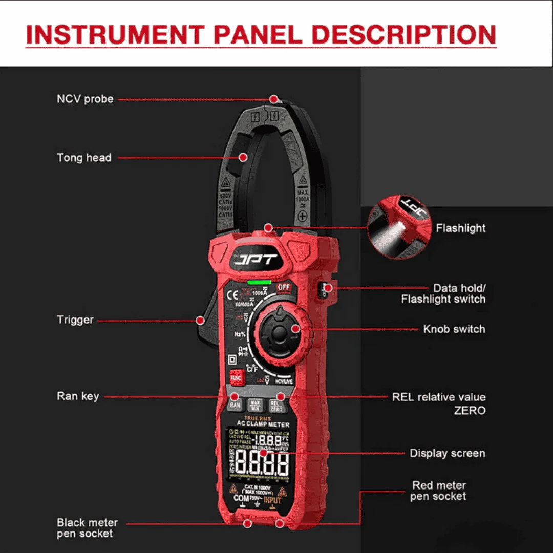 JPT Pro Series 1000A Inrush Digital Clamp Meter | Digital Multimeter with 6000 Counts | AC/DC Current & Voltage Tester | Temperature, Capacitance, Continuity, Duty Cycle - Image 4