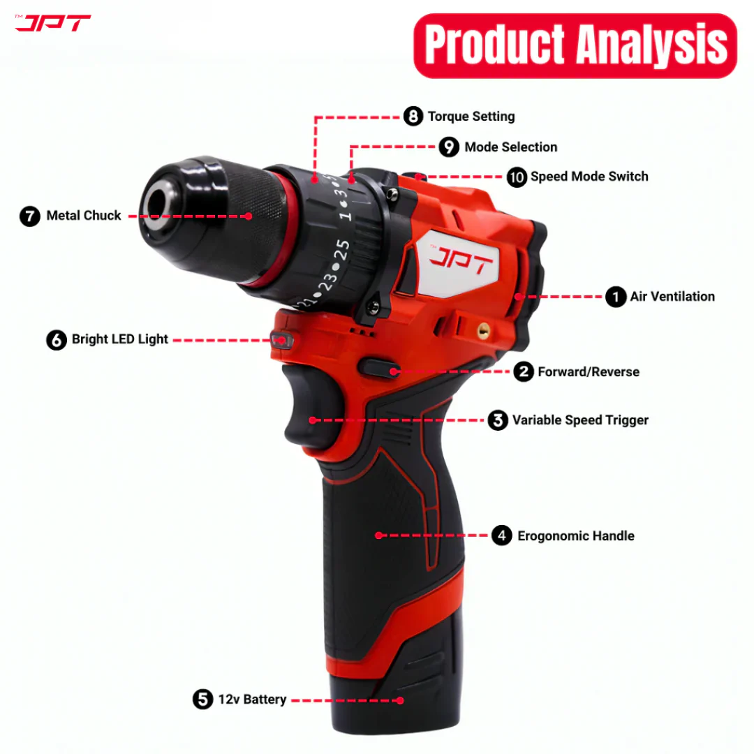 JPT Pro Series 12v Heavy-Duty Brushless Drill Machine | 65N.M Torque | 0-1750RPM Speed | 23+3 Torque Setting | 10MM Metal Keyless Chuck | 2000mAh Battery with Fast Charger - Image 7