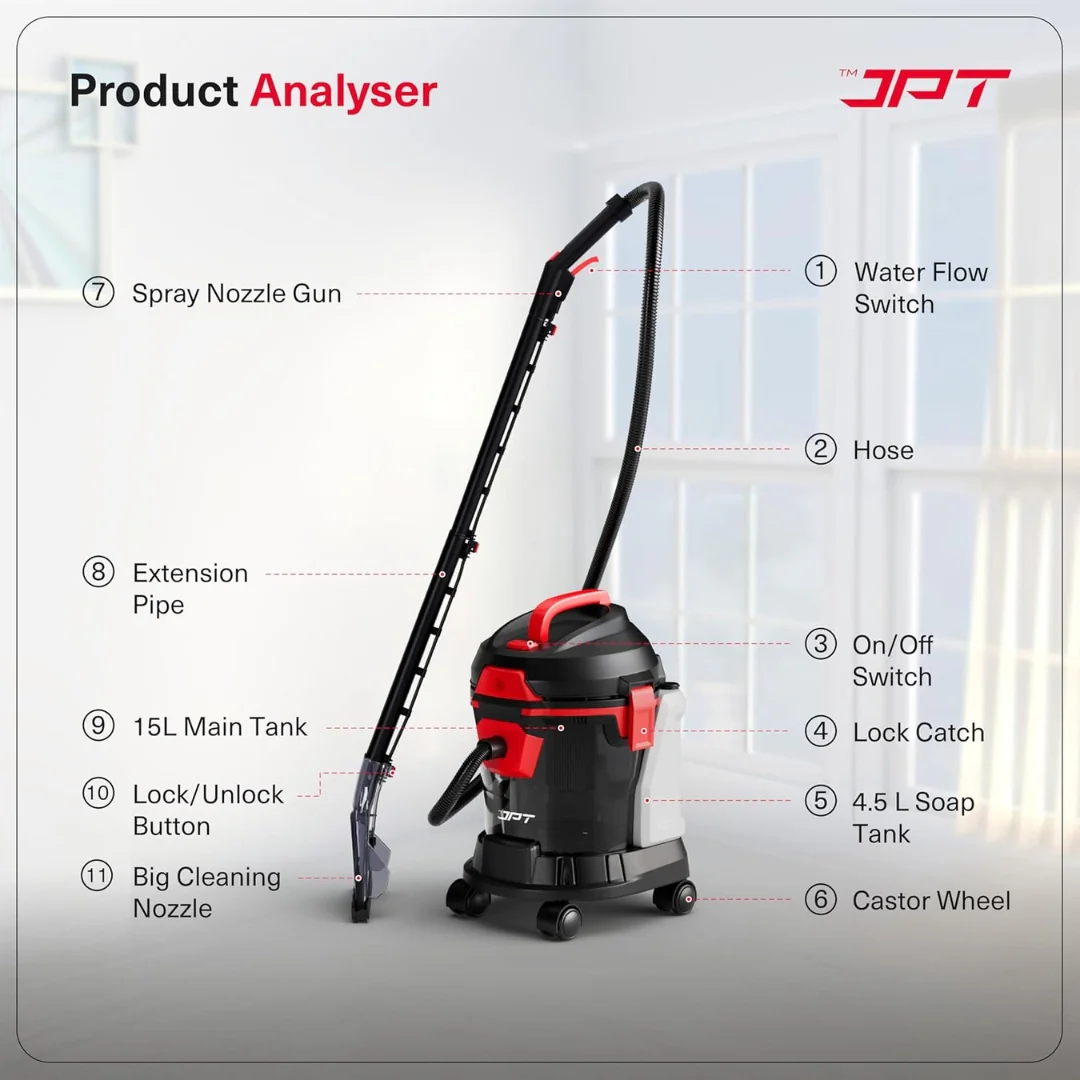 JPT Pro Series 15L Carpet Vacuum Cleaner | 1400W Motor | 17kPa Suction | 15L Tank & 4.5L Soap Tank | Wet & Dry Cleaning | Deep Cleans Carpet, Sofa, Curtains, Mattress, Floors - Image 7