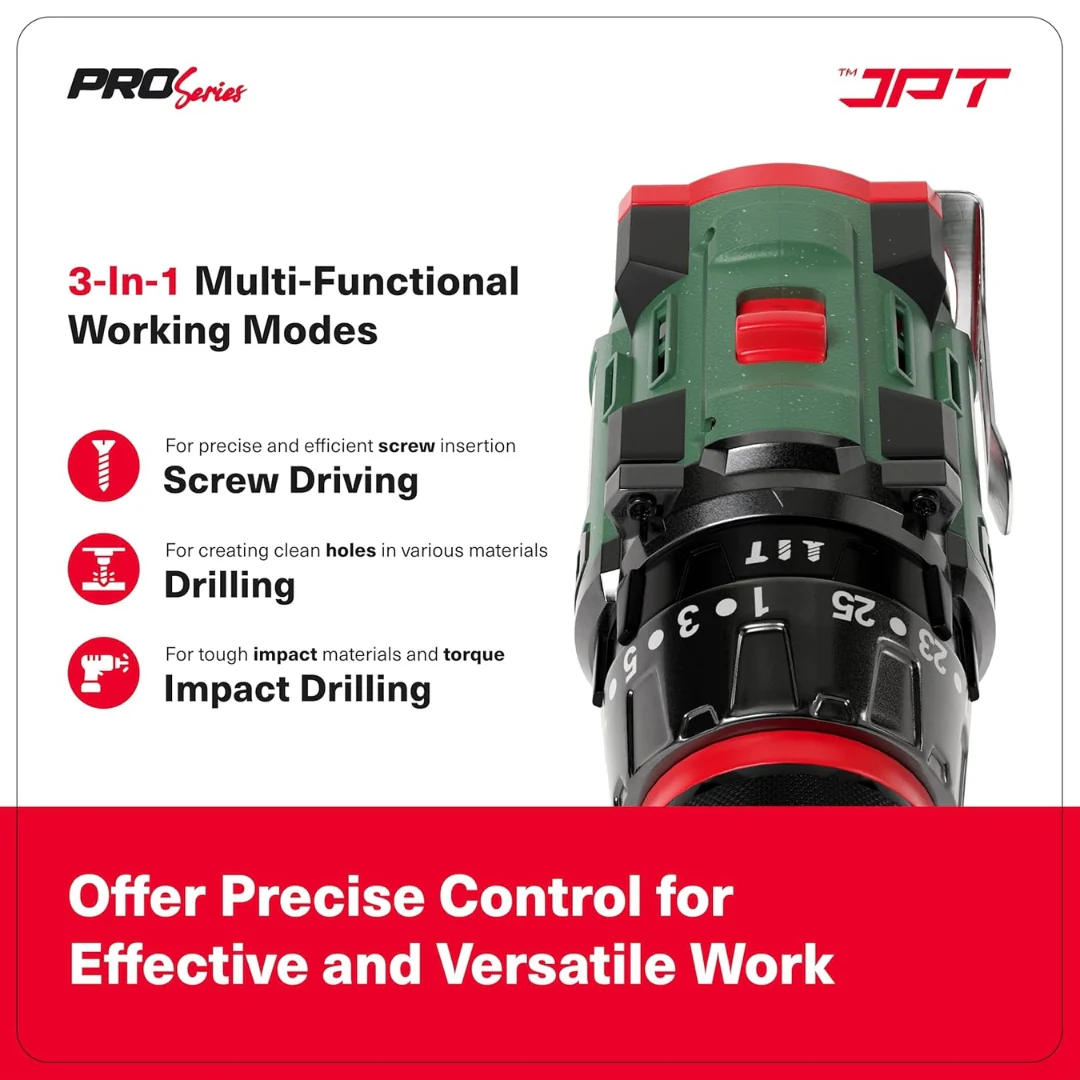 JPT Pro Series 18V Cordless Drill Machine | 70N.M Torque | 0-2150RPM Speed | 25+3 Gears | 2 Speed Modes | 3/8" Keyless Chuck | 1500mAh Battery | Fast Charger | 12-Months Warranty - Image 5