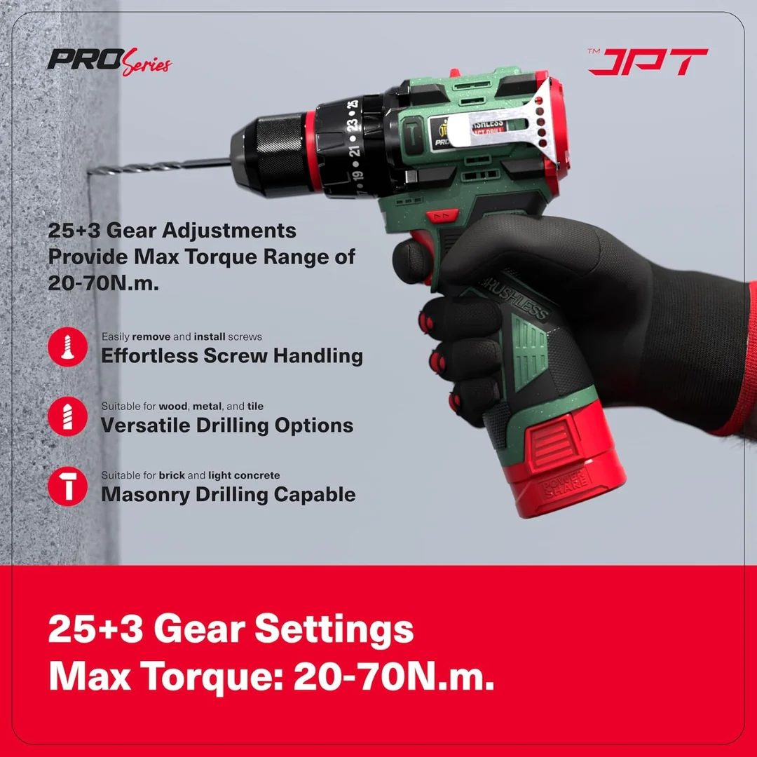 JPT Pro Series 18V Cordless Drill Machine | 70N.M Torque | 0-2150RPM Speed | 25+3 Gears | 2 Speed Modes | 3/8" Keyless Chuck | 1500mAh Battery | Fast Charger | 12-Months Warranty - Image 8