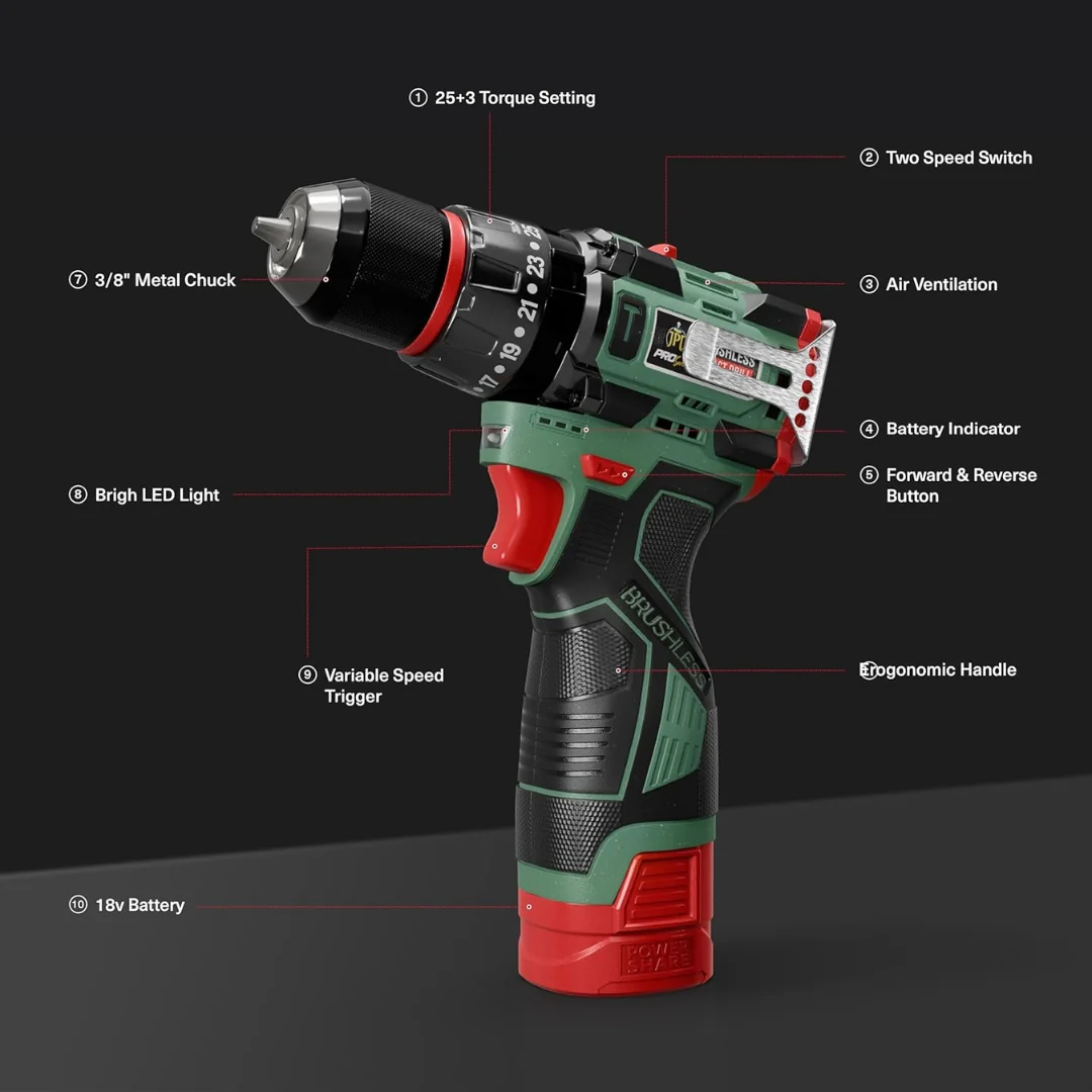 JPT Pro Series 18V Cordless Drill Machine | 70N.M Torque | 0-2150RPM Speed | 25+3 Gears | 2 Speed Modes | 3/8" Keyless Chuck | 1500mAh Battery | Fast Charger | 12-Months Warranty - Image 9
