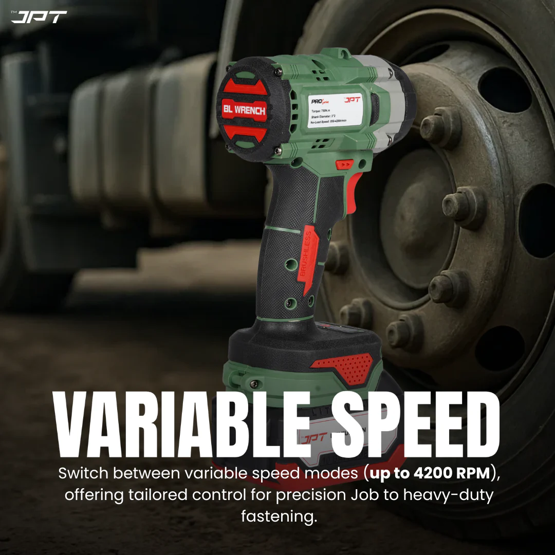 JPT Combo Heavy-Duty Pro Series 21v Cordless Impact Wrench with 10Pcs Socket Set | Brushless Motor | 750N.M Torque | 4200RPM Speed | 3”2 Shank | 3 Variable Speed | 4000mAh Battery & Fast Charger | For Cars, Bikes & Garage Use - Image 5