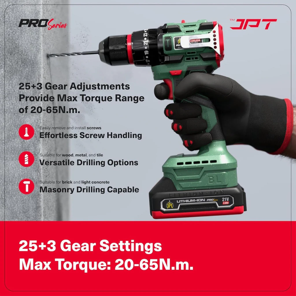 JPT Pro Series Brushless 21-volt Cordless Impact Drill Machine Without Battery & Charger | 65N.M Torque | 1700RPM Speed | 25+3 Gears | 2 Speed Modes | 3/8" Metal Chuck | 12-Months Warranty - Image 7