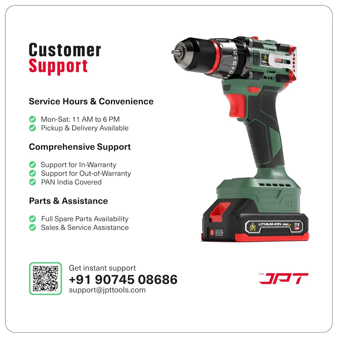 JPT Pro Series Brushless 21-volt Cordless Impact Drill Machine with 65N.m Torque | 1700 RPM Speed | 25+3 Gears | 2 Speed Modes | 3/8" Metal Chuck | Green Edition | One Year Warranty - Image 3