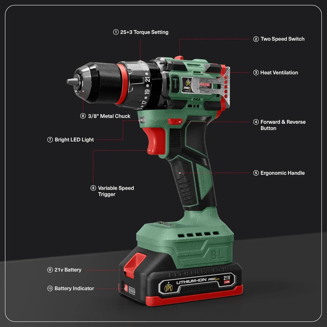 JPT Pro Series Brushless 21-volt Cordless Impact Drill Machine with 65N.m Torque | 1700 RPM Speed | 25+3 Gears | 2 Speed Modes | 3/8" Metal Chuck | Green Edition | One Year Warranty - Image 9