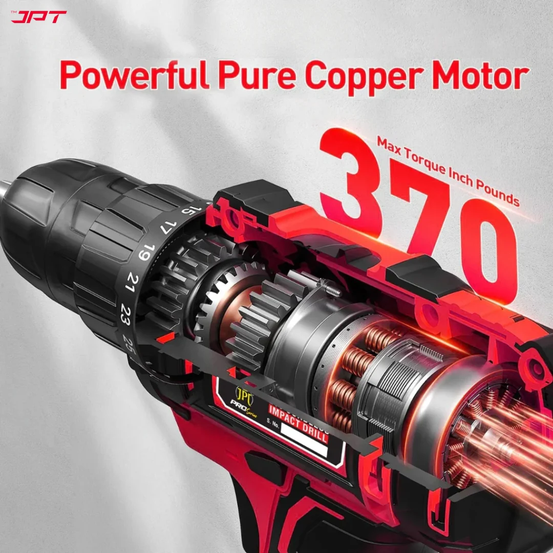 JPT Pro Series 21V Heavy-Duty Impact Cordless Drill Machine | Max. 40N.M Torque | Max. 0-1600RPM Speed | 10MM Keyless Chuck | 25+3 Gears Setting | 2000mAh Battery | One Year Warranty - Image 4