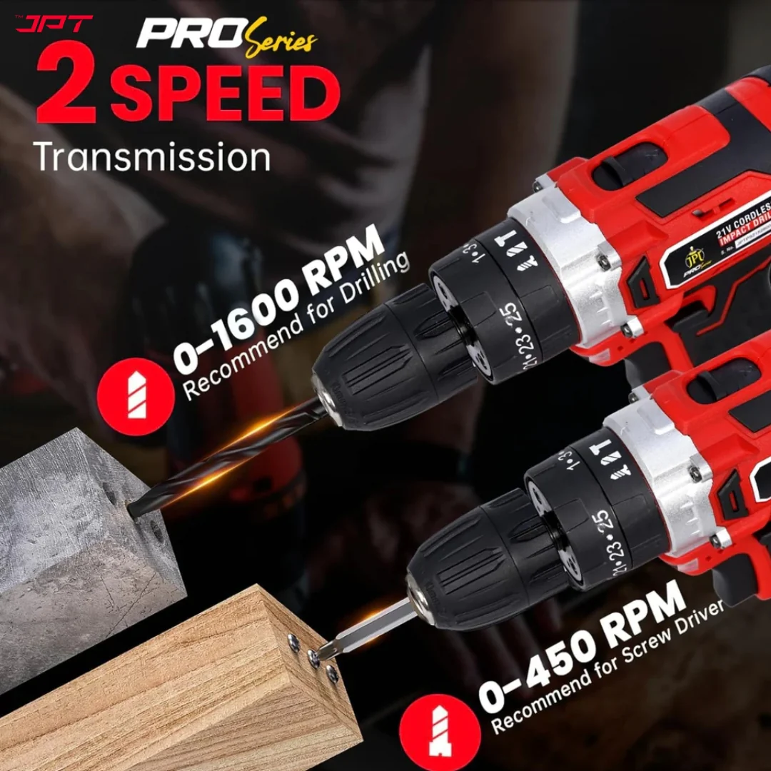 JPT Pro Series 21V Heavy-Duty Impact Cordless Drill Machine | Max. 40N.M Torque | Max. 0-1600RPM Speed | 10MM Keyless Chuck | 25+3 Gears Setting | 2000mAh Battery | One Year Warranty - Image 5