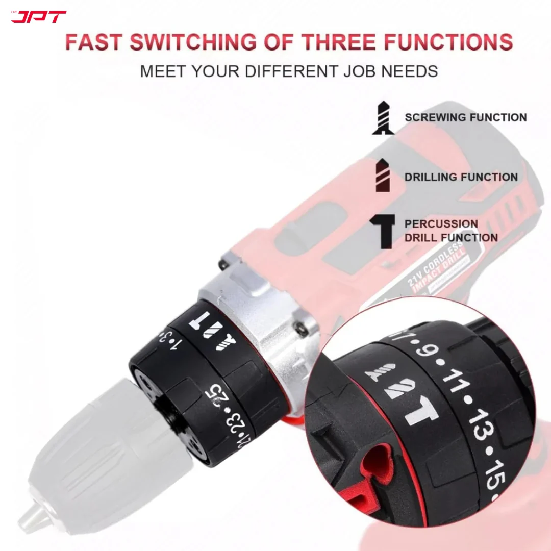 JPT Pro Series 21V Heavy-Duty Impact Cordless Drill Machine | Max. 40N.M Torque | Max. 0-1600RPM Speed | 10MM Keyless Chuck | 25+3 Gears Setting | 2000mAh Battery | One Year Warranty - Image 6
