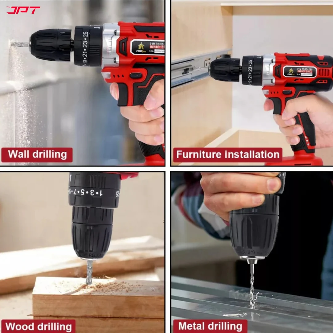JPT Pro Series 21V Heavy-Duty Impact Cordless Drill Machine | Max. 40N.M Torque | Max. 0-1600RPM Speed | 10MM Keyless Chuck | 25+3 Gears Setting | 2000mAh Battery | One Year Warranty - Image 7