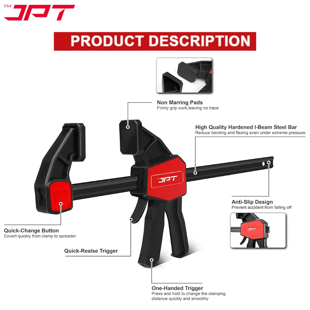 JPT Pro Series 30-Inch Quick Grip Bar Clamp for Woodworking, One-Handed Wood Clamp with Quick-Release Trigger, Heavy-Duty Spreader Clamps Set, 70KG (155 lbs) Holding Capacity - Image 5