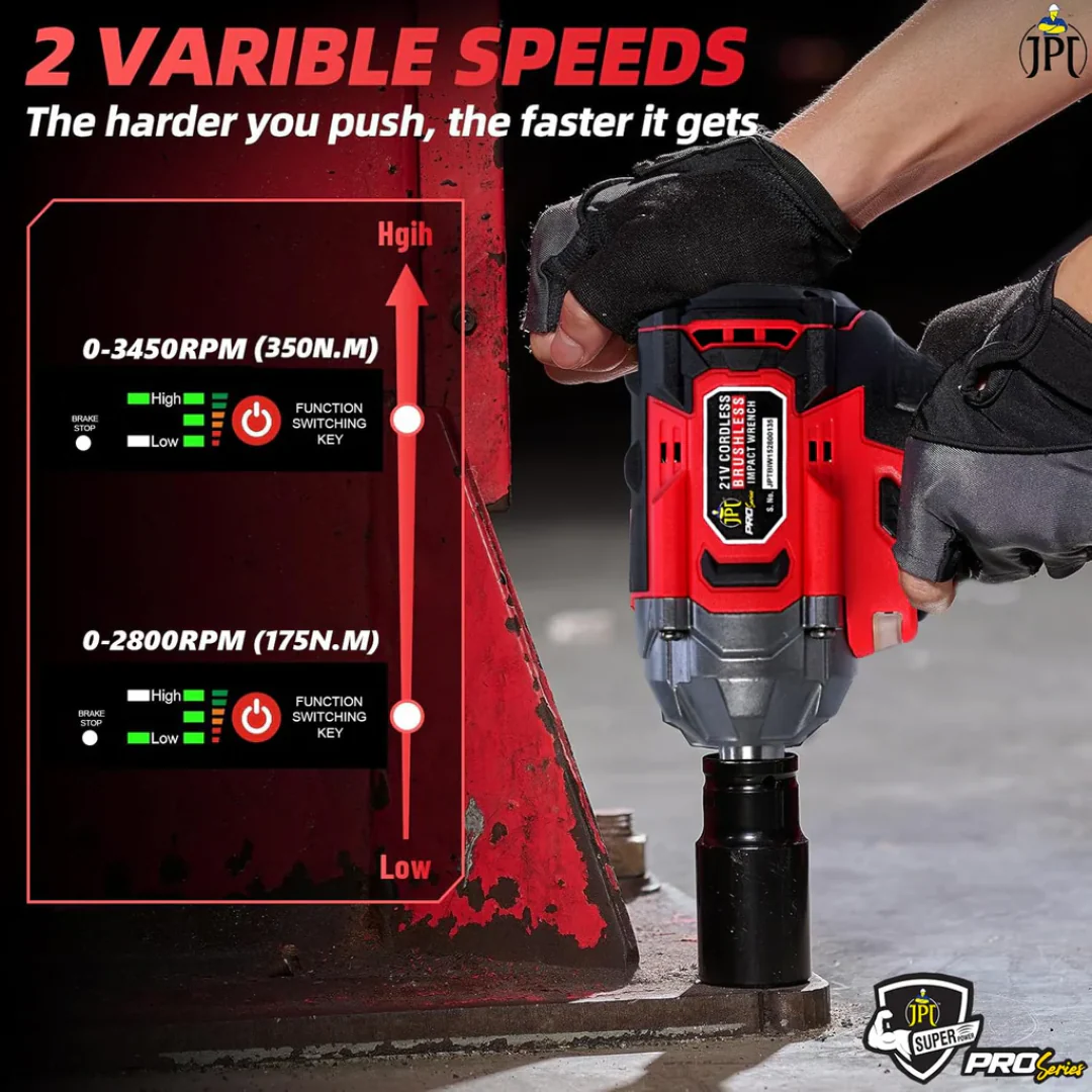 JPT Pro Series Brushless Heavy Duty 21-volt Cordless Impact Wrench | 350N.M Torque | 0-3450RPM Speed | 1/2-Inch Shank | 4000mAh Battery | All Accessories Included | 12-Months Warranty - Image 6