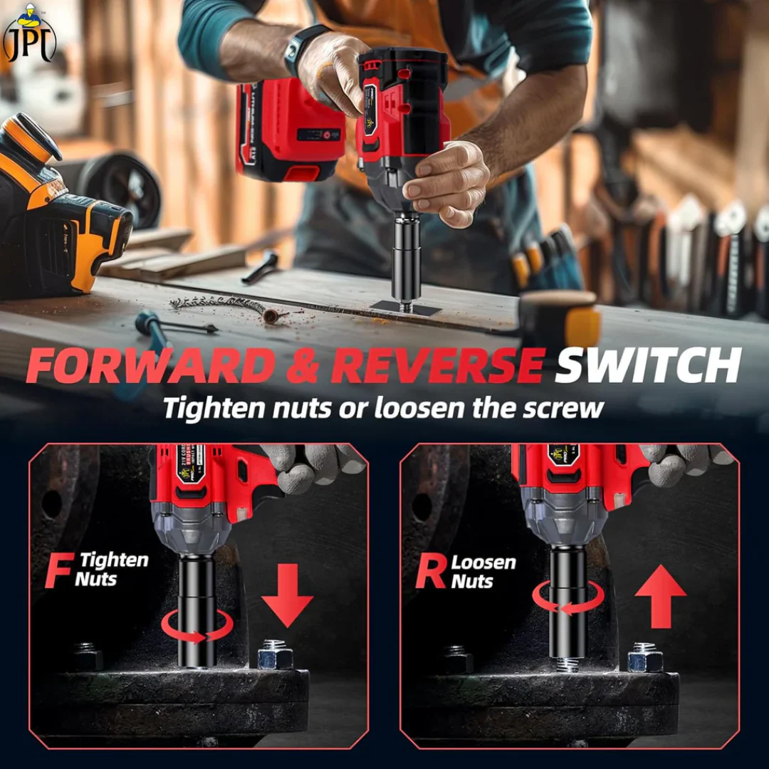 JPT Pro Series Brushless Heavy Duty 21-volt Cordless Impact Wrench | 350N.M Torque | 0-3450RPM Speed | 1/2-Inch Shank | 4000mAh Battery | All Accessories Included | 12-Months Warranty - Image 7