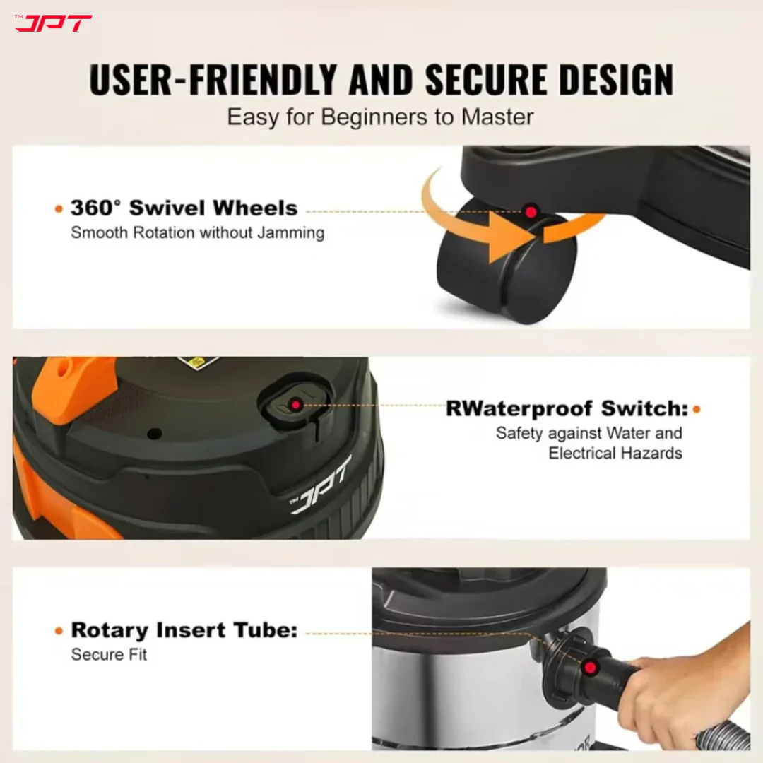 JPT Pro Series 35L Wet and Dry Vacuum Cleaner with Blower | 3200W Motor | 26kPa Suction | 35L Tank | Stainless Steel Body | 10-Ft Cord & 7-Ft Hose | For Cleaning Home, Car, Furniture - Image 4