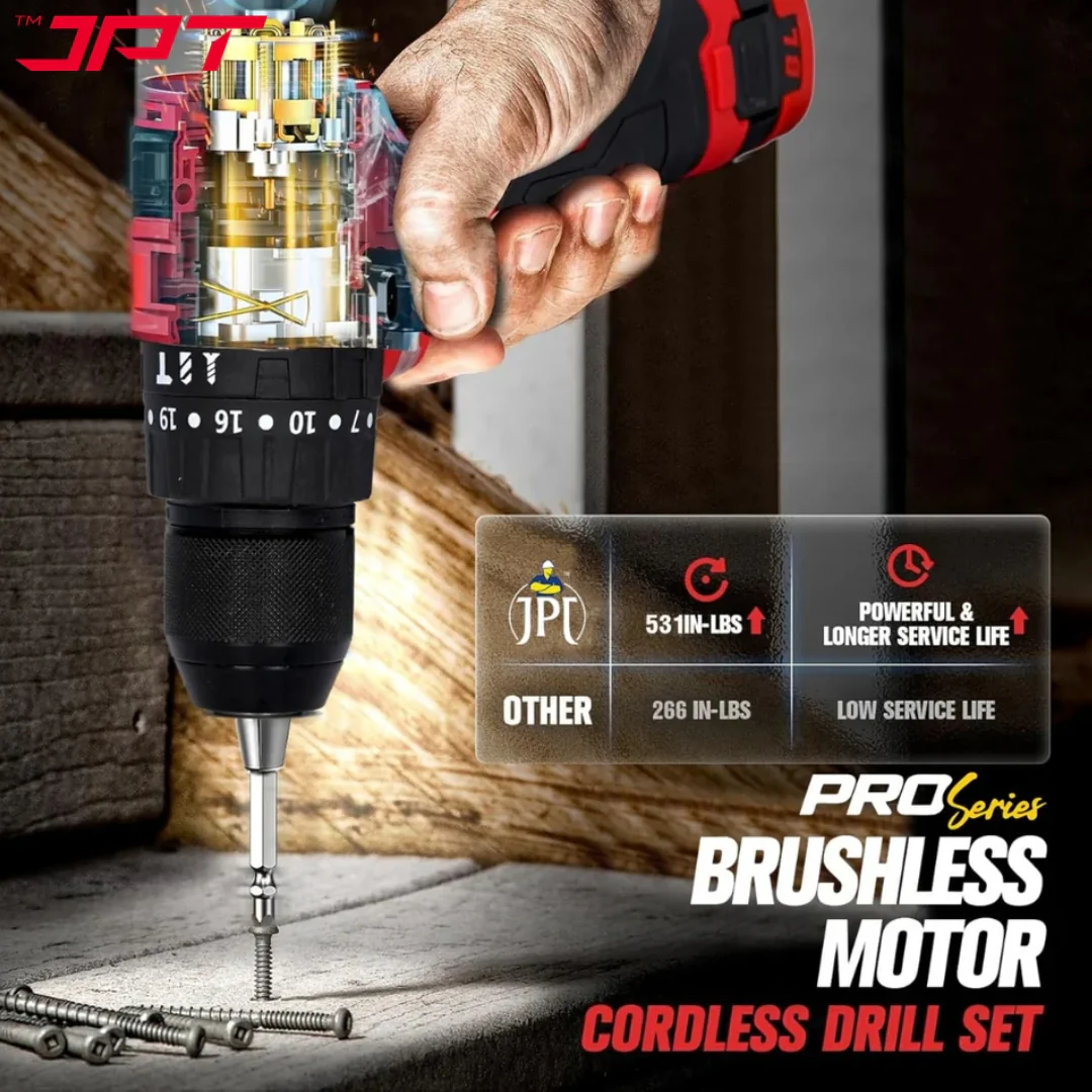 JPT Pro Series Brushless 18-volt Cordless Impact Drill Machine | 65N.M Torque | 0-2000RPM Speed | 35+3 Gears Box | 2 Speed Modes | 3/8-inch Metal Chuck | 1500mAh Battery | Fast Charger - Image 4