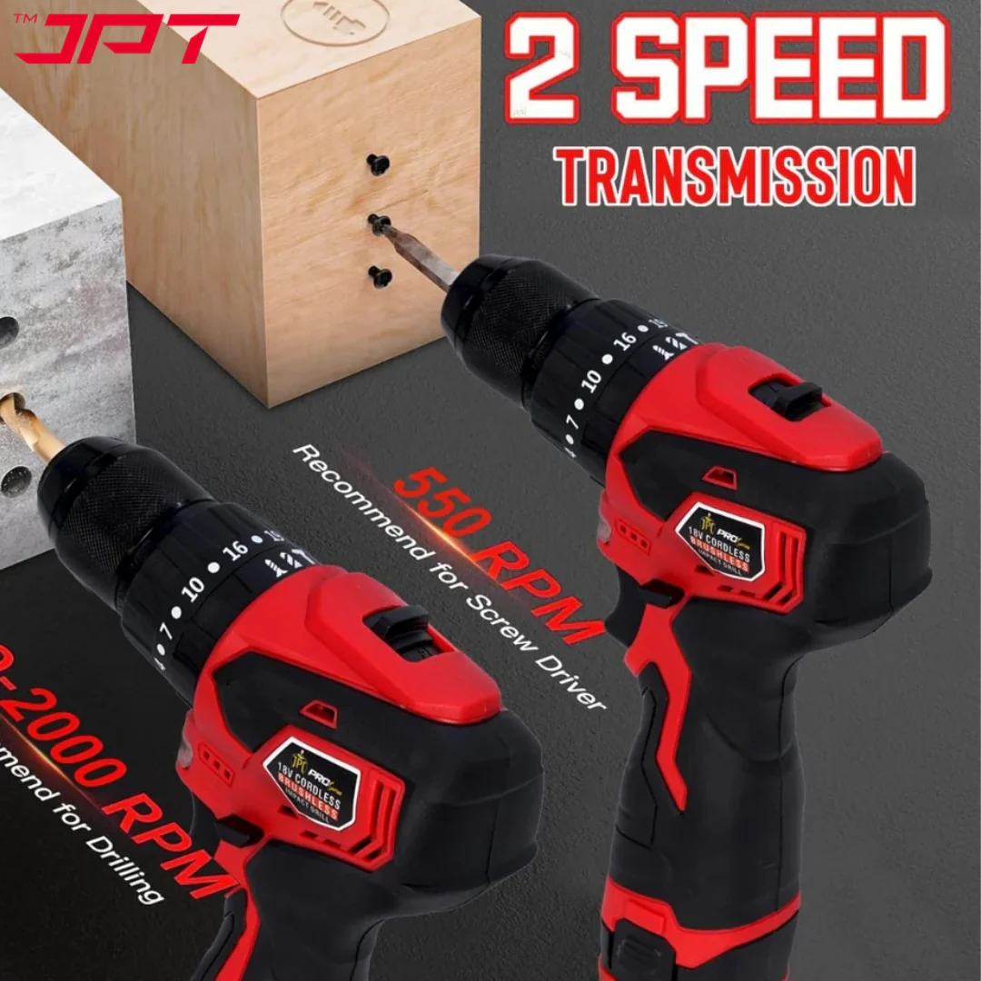 JPT Pro Series Brushless 18-volt Cordless Impact Drill Machine | 65N.M Torque | 0-2000RPM Speed | 35+3 Gears Box | 2 Speed Modes | 3/8-inch Metal Chuck | 1500mAh Battery | Fast Charger - Image 6