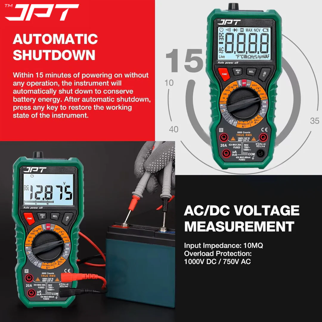 JPT Pro Series Digital Multimeter True RMS 1000V AC/DC | 6000 Counts Auto-Ranging Voltmeter | NCV, Frequency, Ohm, Diode, Continuity Tester | Best for Technicians, Electrician, And More - Image 5