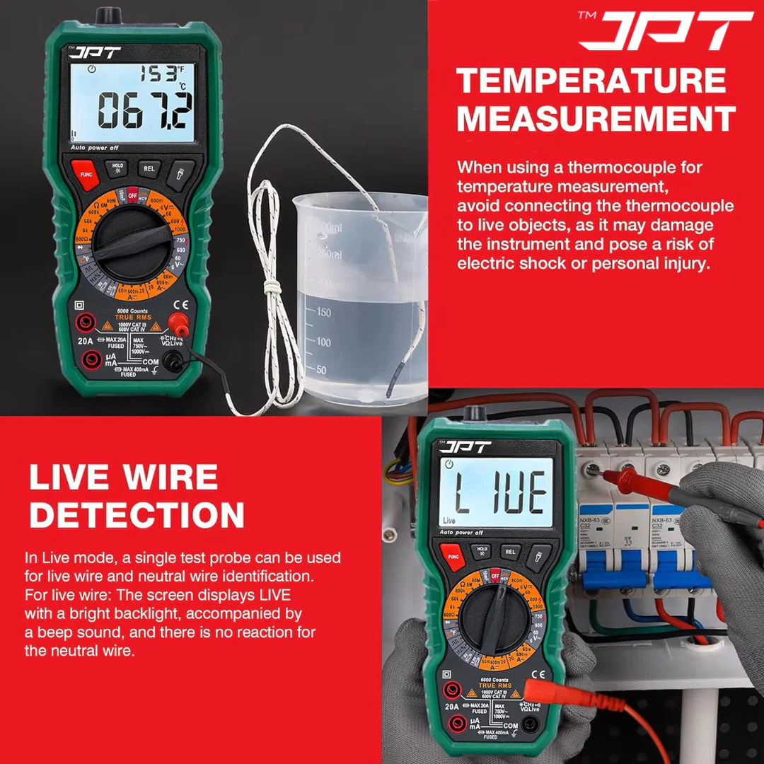 JPT Pro Series Digital Multimeter True RMS 1000V AC/DC | 6000 Counts Auto-Ranging Voltmeter | NCV, Frequency, Ohm, Diode, Continuity Tester | Best for Technicians, Electrician, And More - Image 6