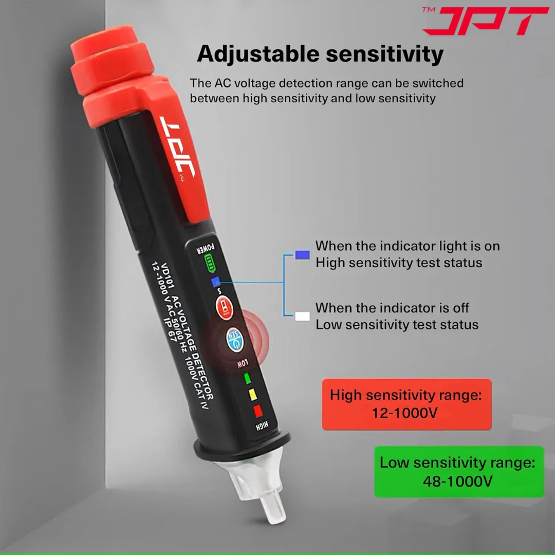 JPT Pro Series Non-Contact Dual Range (12V-1000V / 48V-1000V) AC Voltage Tester | Tester for Live/Null Wire Detection | Buzzer Alarm & LED Flashlight | Best for Electricians, Technicians, Ad Home Use - Image 4