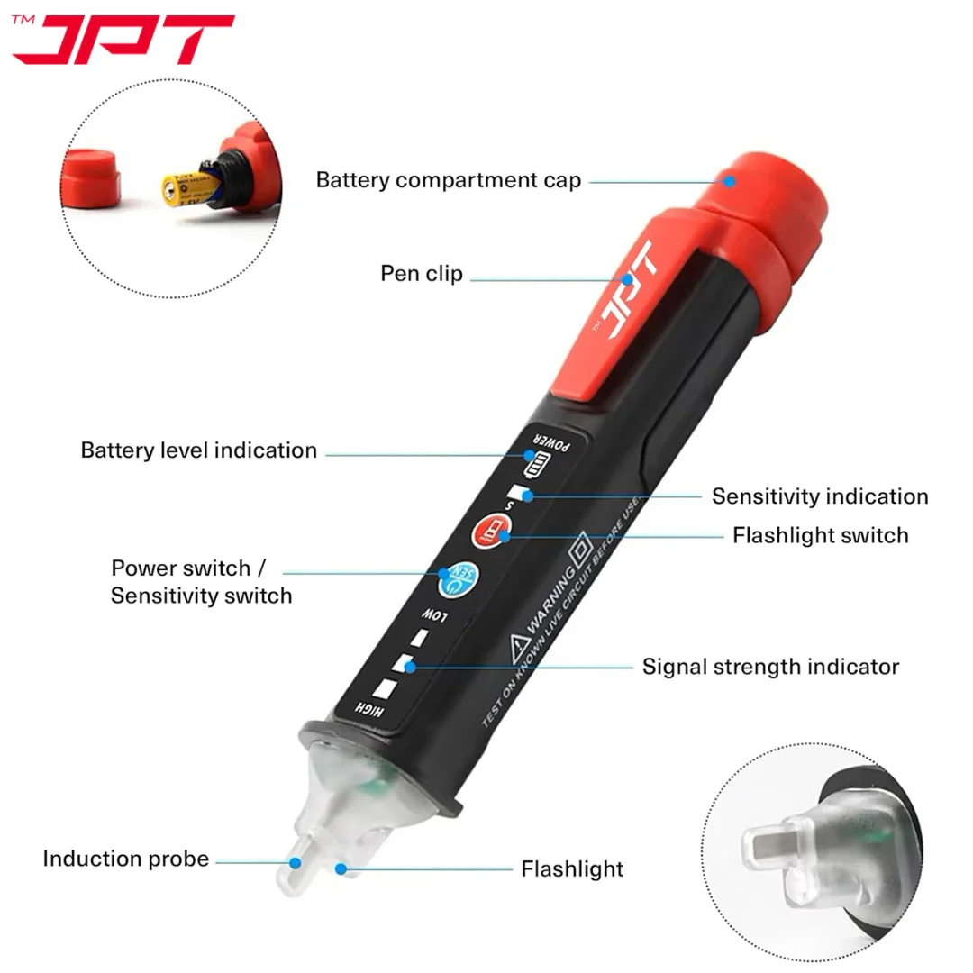 JPT Pro Series Non-Contact Dual Range (12V-1000V / 48V-1000V) AC Voltage Tester | Tester for Live/Null Wire Detection | Buzzer Alarm & LED Flashlight | Best for Electricians, Technicians, Ad Home Use - Image 7