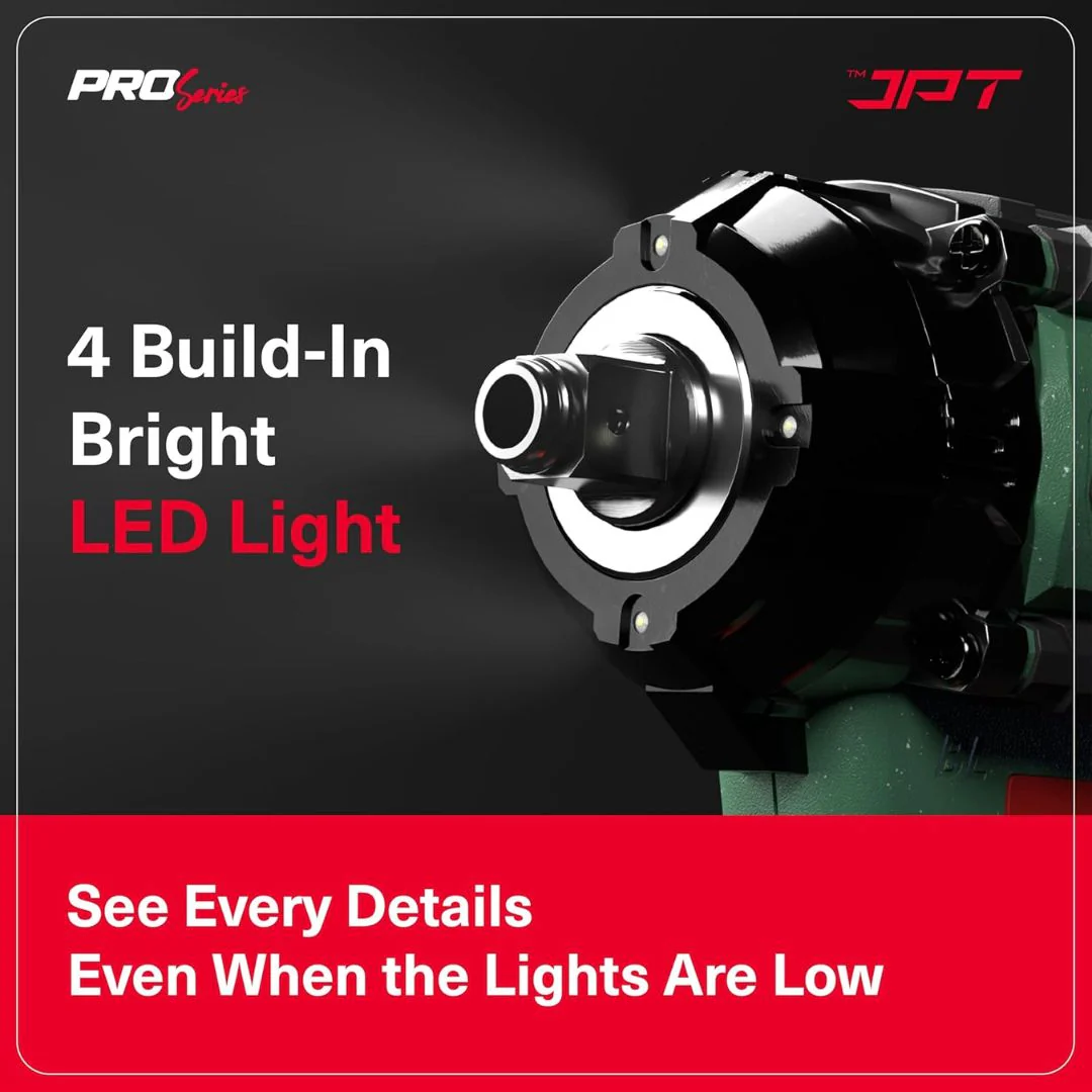 JPT Combo Heavy-Duty Pro Series Cordless Impact Wrench with 10Pcs Impact Socket Set | Brushless Motor | 1/2" Shank | 550N.M Torque | 0-3650RPM Speed | 2 Speed Modes | 4 LED Light | 4000mAh Battery - Image 6