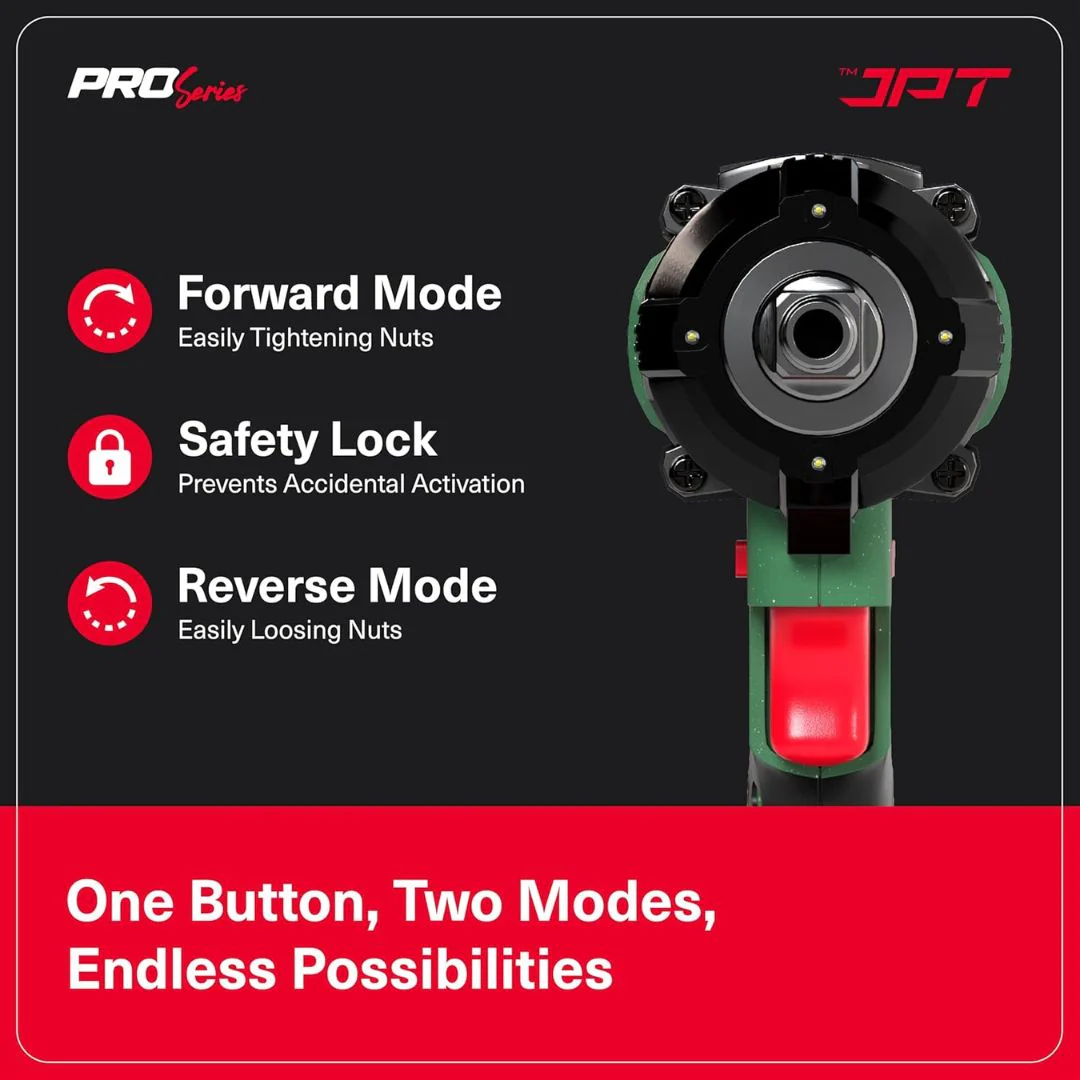 JPT Combo Heavy-Duty Pro Series Cordless Impact Wrench with 10Pcs Impact Socket Set | Brushless Motor | 1/2" Shank | 550N.M Torque | 0-3650RPM Speed | 2 Speed Modes | 4 LED Light | 4000mAh Battery - Image 7
