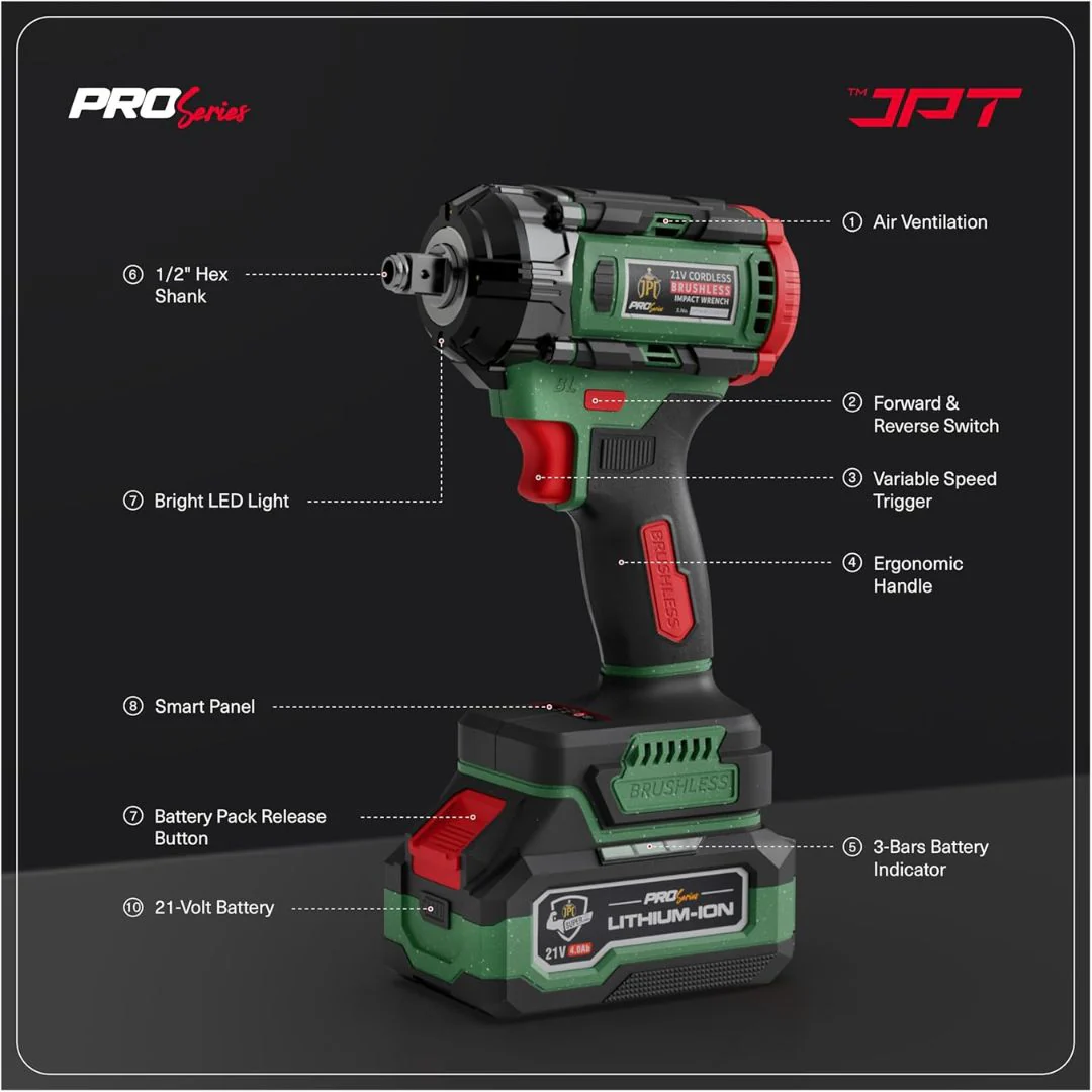 JPT Combo Heavy-Duty Pro Series Cordless Impact Wrench with 10Pcs Impact Socket Set | Brushless Motor | 1/2" Shank | 550N.M Torque | 0-3650RPM Speed | 2 Speed Modes | 4 LED Light | 4000mAh Battery - Image 8