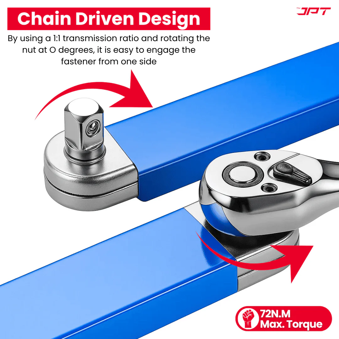 JPT Ratchet Wrench Extension Bar with 1/4", 3/8", 1/2" Socket Adapters | High-Quality Steel Build | 180° Swing Arm Rotation | Chain Driven Design | for Auto Repair, DIY, Mechanic, and Garage Tool Kit - Image 2