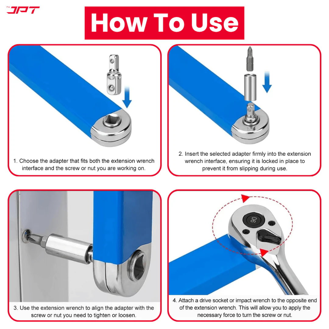JPT Ratchet Wrench Extension Bar with 1/4", 3/8", 1/2" Socket Adapters | High-Quality Steel Build | 180° Swing Arm Rotation | Chain Driven Design | for Auto Repair, DIY, Mechanic, and Garage Tool Kit - Image 7