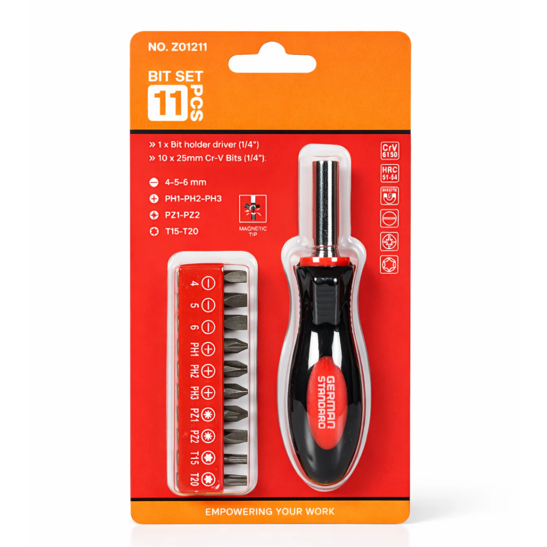 JPT Screwdriver Bit Set 11 PCS with 1/4 Inch Holder – Magnetic Multi Bit Screwdriver Set with Cr-V Phillips, Flat, Pozidriv & Torx Bits for Drill, Electrical, Furniture & Repair Work