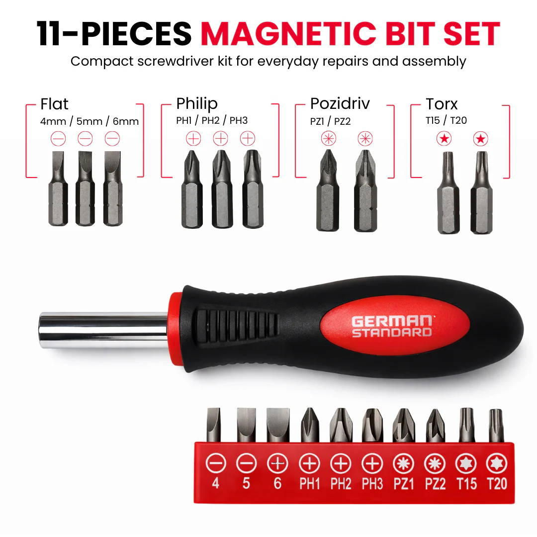 JPT Screwdriver Bit Set 11 PCS with 1/4 Inch Holder – Magnetic Multi Bit Screwdriver Set with Cr-V Phillips, Flat, Pozidriv & Torx Bits for Drill, Electrical, Furniture & Repair Work - Image 2