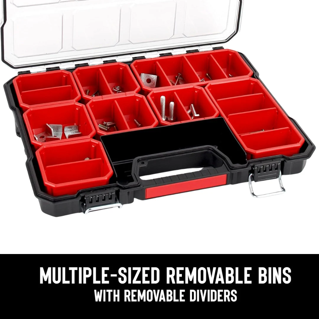 JPT Shallow Tool Organizer Box with 8 Removable Containers and Dividers, Heavy-Duty Storage Case with Transparent Lid for Tools, Hardware, Screws, and Small Items - Image 3