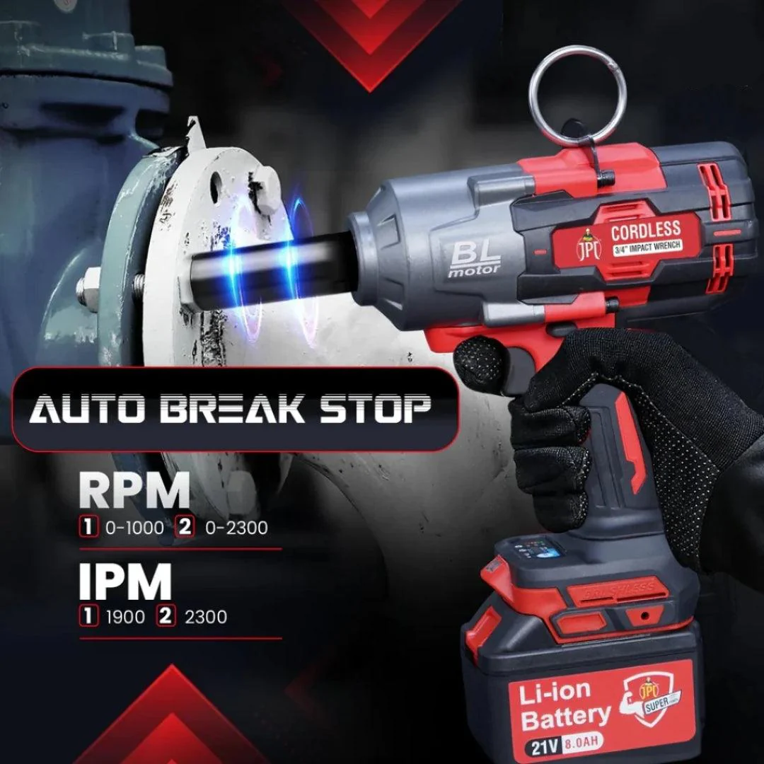 JPT Supreme Powerful Brushless 21-volt Cordless Impact Wrench | 2100 Nm Torque | 2300 RPM Speed | 3/4-Inch Head Shank | Bright LED Light | 8000mAh Battery | Fast Charger | 36mm Socket | Heavy Carry Case - Image 5