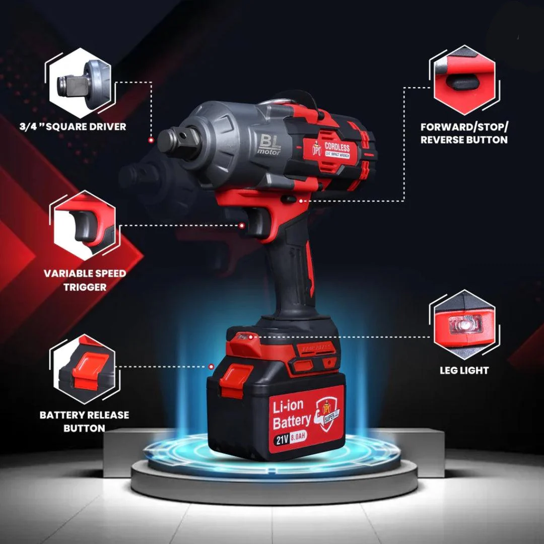 JPT Supreme Powerful Brushless 21-volt Cordless Impact Wrench | 2100 Nm Torque | 2300 RPM Speed | 3/4-Inch Head Shank | Bright LED Light | 8000mAh Battery | Fast Charger | 36mm Socket | Heavy Carry Case - Image 6