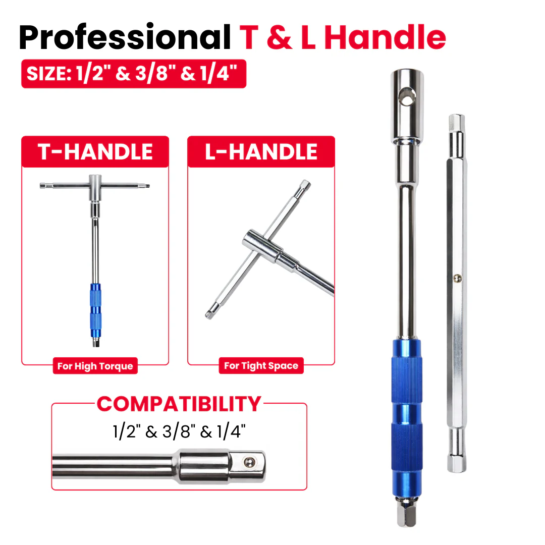 JPT Professional T & L Handle Socket Wrench | 1/2″, 3/8″ & 1/4″ Drive | 360° Rotating Speed Grip | Chrome Vanadium Steel, Ball Lock Design for High Torque & Tight Spaces - Image 2