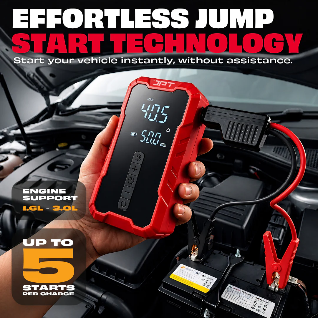 JPT Tools Portable Tyre Inflator & Car Jump Starter | 8000mAh Air Compressor for Cars, Bikes & Bicycles | Quick Inflation | Auto Shut Off | LED Light | Power Bank | EC5 Clamp & Valve Adapters Included - Image 2