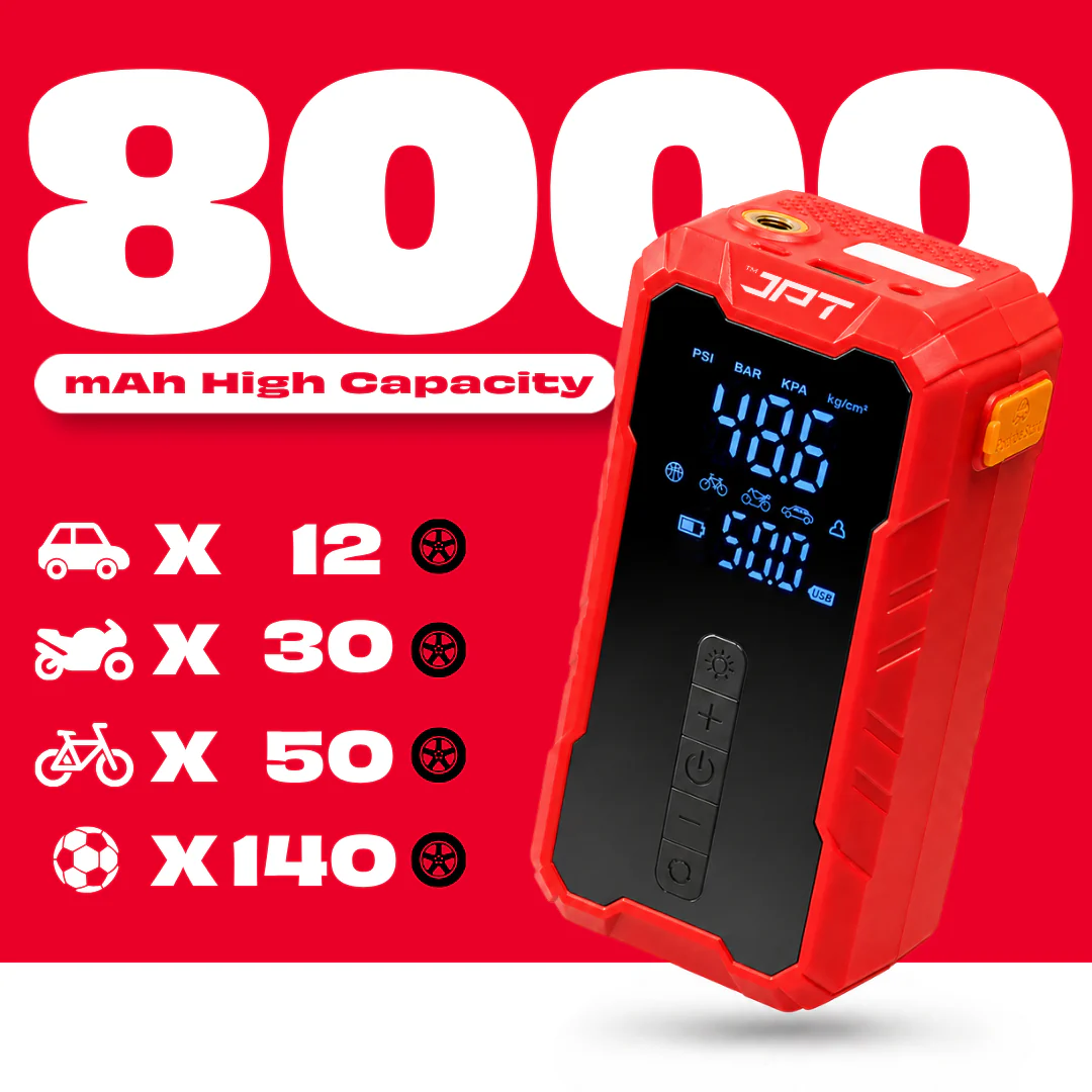 JPT Tools Portable Tyre Inflator & Car Jump Starter | 8000mAh Air Compressor for Cars, Bikes & Bicycles | Quick Inflation | Auto Shut Off | LED Light | Power Bank | EC5 Clamp & Valve Adapters Included - Image 3