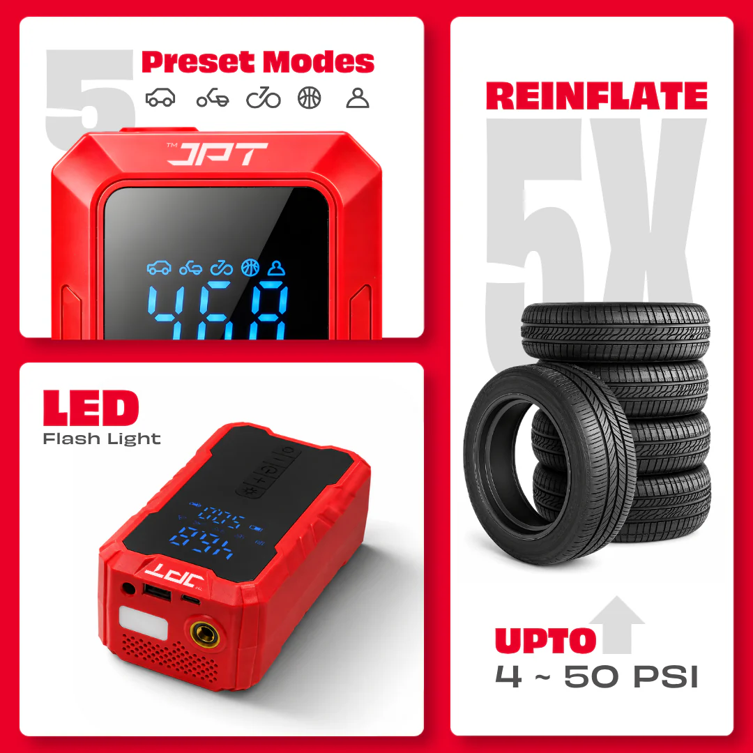 JPT Tools Portable Tyre Inflator & Car Jump Starter | 8000mAh Air Compressor for Cars, Bikes & Bicycles | Quick Inflation | Auto Shut Off | LED Light | Power Bank | EC5 Clamp & Valve Adapters Included - Image 4