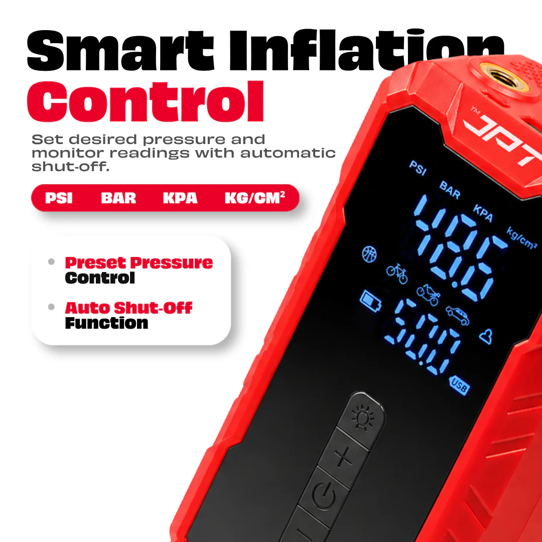 JPT Tools Portable Tyre Inflator & Car Jump Starter | 8000mAh Air Compressor for Cars, Bikes & Bicycles | Quick Inflation | Auto Shut Off | LED Light | Power Bank | EC5 Clamp & Valve Adapters Included - Image 5