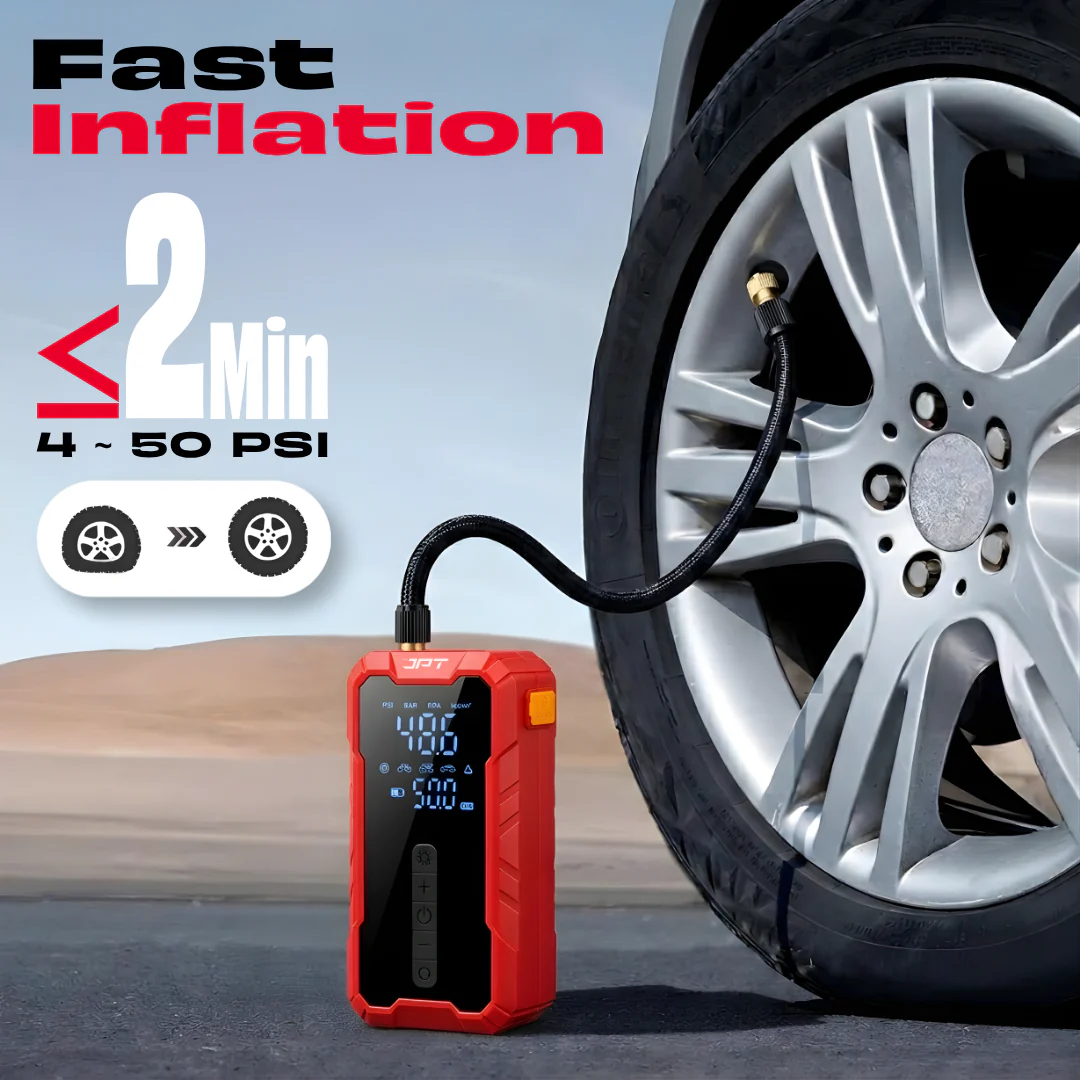 JPT Tools Portable Tyre Inflator & Car Jump Starter | 8000mAh Air Compressor for Cars, Bikes & Bicycles | Quick Inflation | Auto Shut Off | LED Light | Power Bank | EC5 Clamp & Valve Adapters Included - Image 6