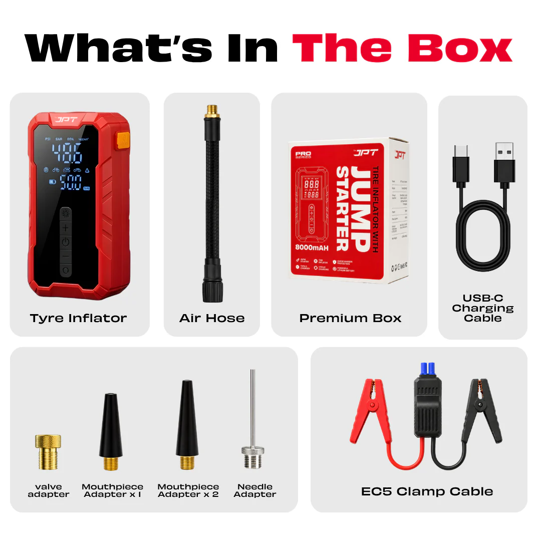 JPT Tools Portable Tyre Inflator & Car Jump Starter | 8000mAh Air Compressor for Cars, Bikes & Bicycles | Quick Inflation | Auto Shut Off | LED Light | Power Bank | EC5 Clamp & Valve Adapters Included - Image 7