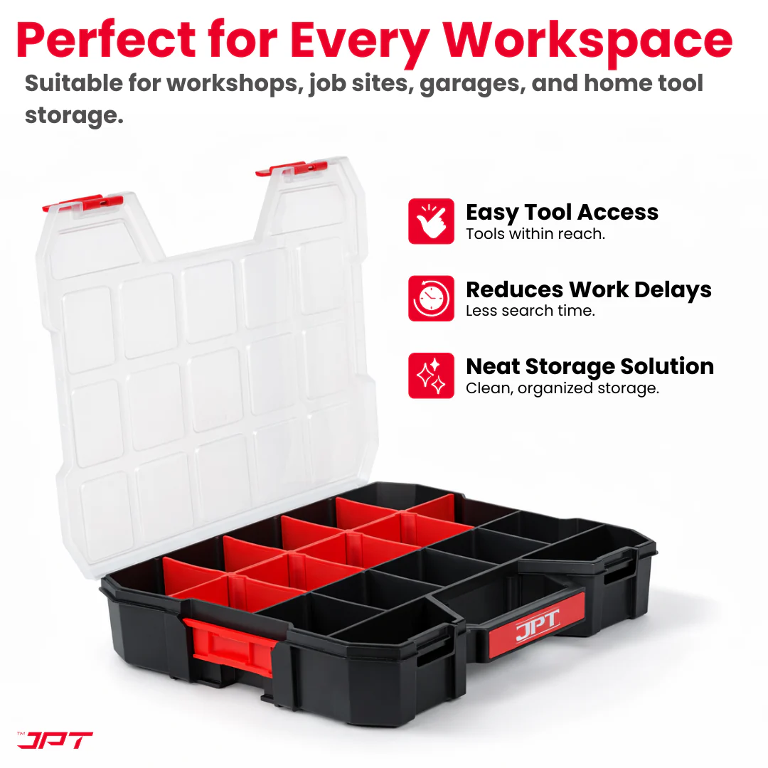 JPT Ultra Heavy Duty Tool Organizer Large | Stackable Interlocking Storage Box with 17 Compartments & 10 Removable Dividers | Portable Multi-Purpose Parts Organizer for Home & Professional Use - Image 5