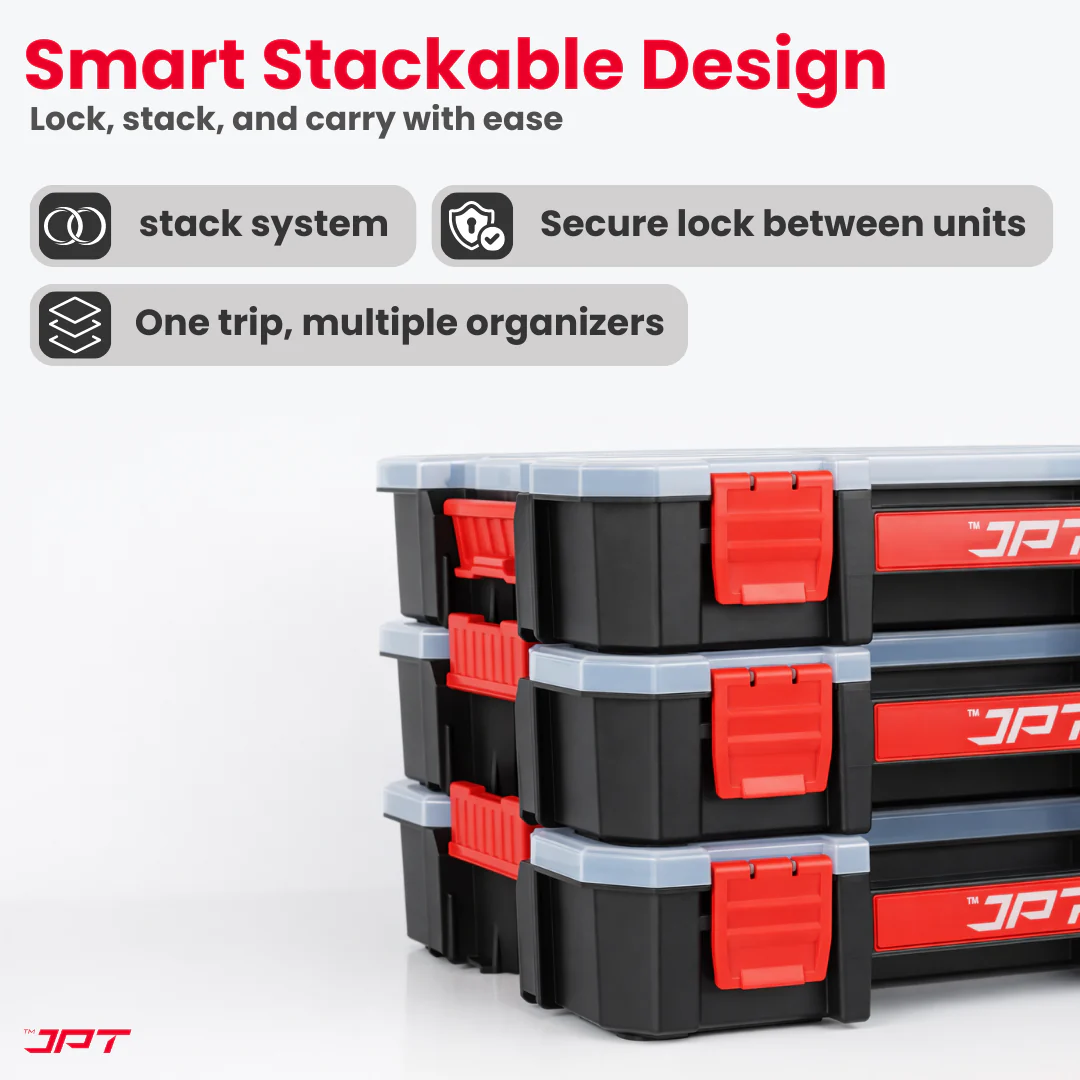 JPT Ultra Heavy Duty Tool Organizer Large | Stackable Interlocking Storage Box with 17 Compartments & 10 Removable Dividers | Portable Multi-Purpose Parts Organizer for Home & Professional Use - Image 6