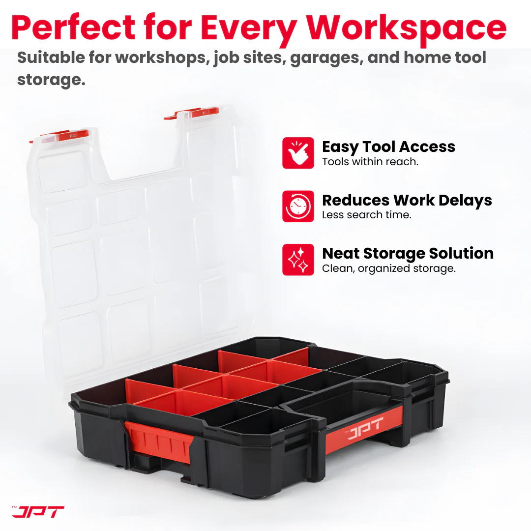 JPT Ultra Heavy Duty Tool Organizer Medium | Stackable Interlocking Storage Box with 14 Compartments & 8 Removable Dividers | Portable Multi-Purpose Parts Organizer for Home & Professional Use - Image 5