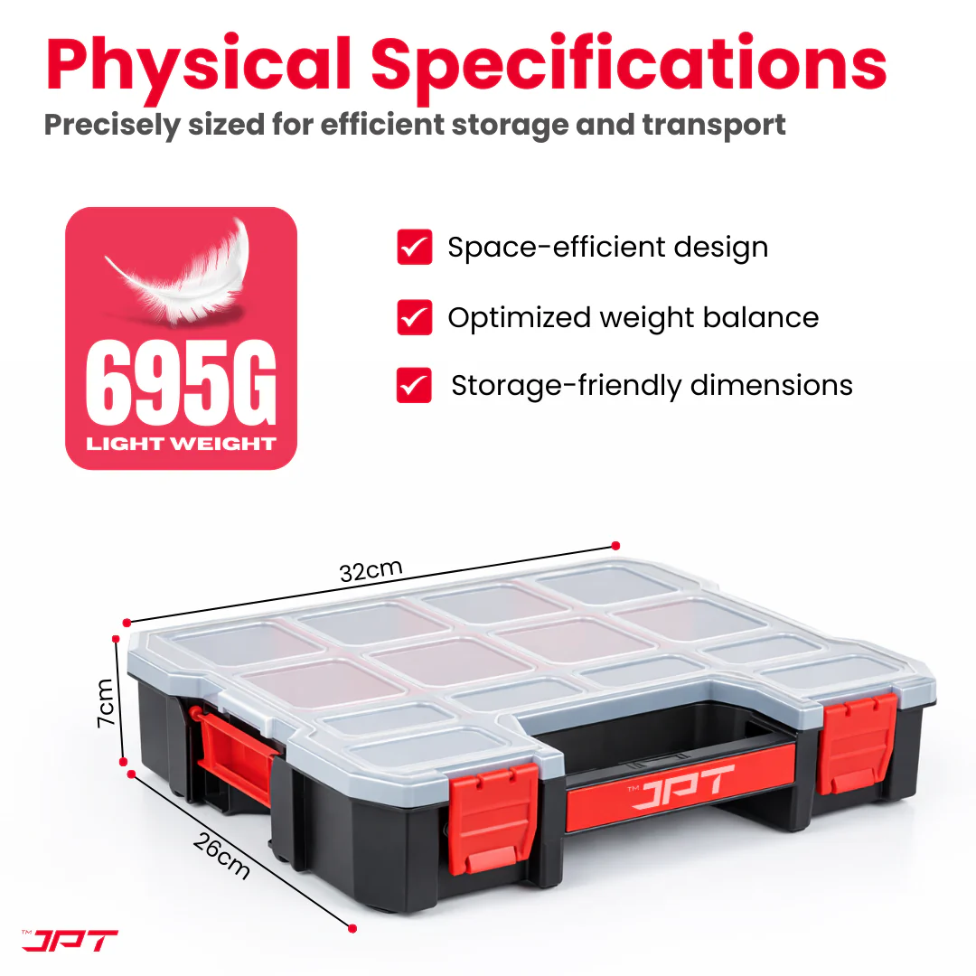 JPT Ultra Heavy Duty Tool Organizer Medium | Stackable Interlocking Storage Box with 14 Compartments & 8 Removable Dividers | Portable Multi-Purpose Parts Organizer for Home & Professional Use - Image 8
