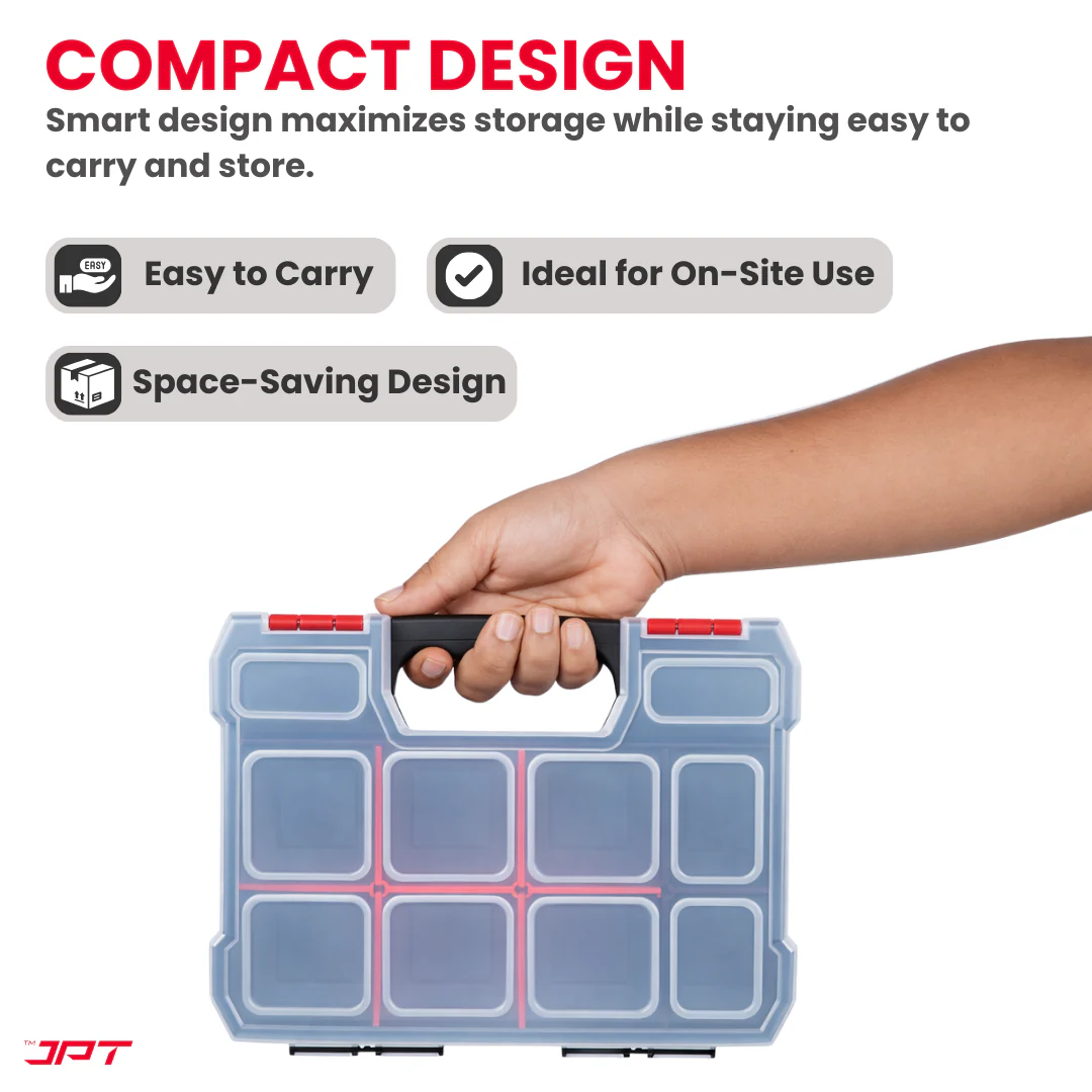 JPT Ultra Heavy Duty Tool Organizer Small | Stackable Interlocking Storage Box with 10 Compartments & 6 Removable Dividers | Portable Multi-Purpose Parts Organizer for Home & Professional Use - Image 4