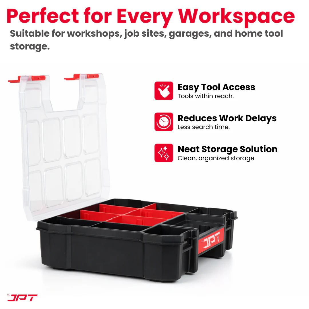JPT Ultra Heavy Duty Tool Organizer Small | Stackable Interlocking Storage Box with 10 Compartments & 6 Removable Dividers | Portable Multi-Purpose Parts Organizer for Home & Professional Use - Image 6